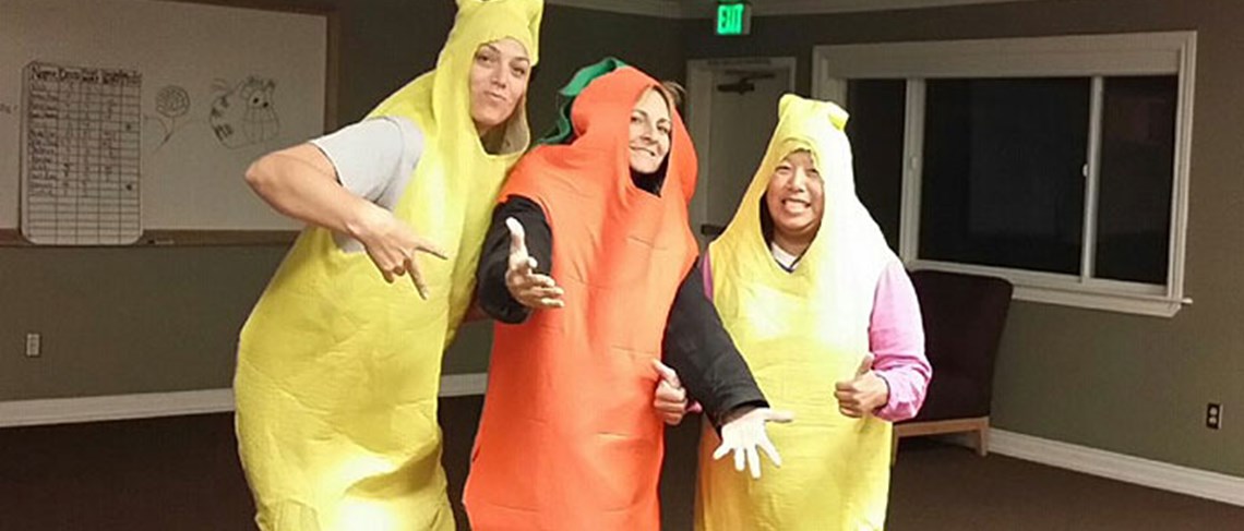 Teachers dress up as fruits and veggies to promote healthy eating!