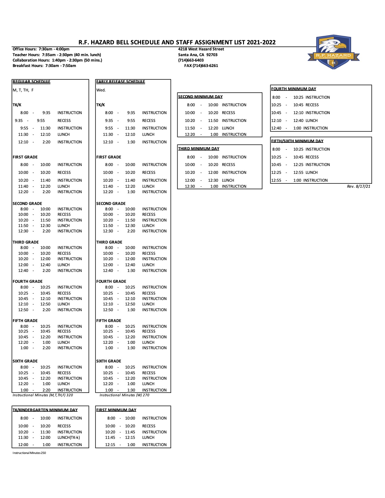 Bell Schedule R. F. Hazard Elementary School